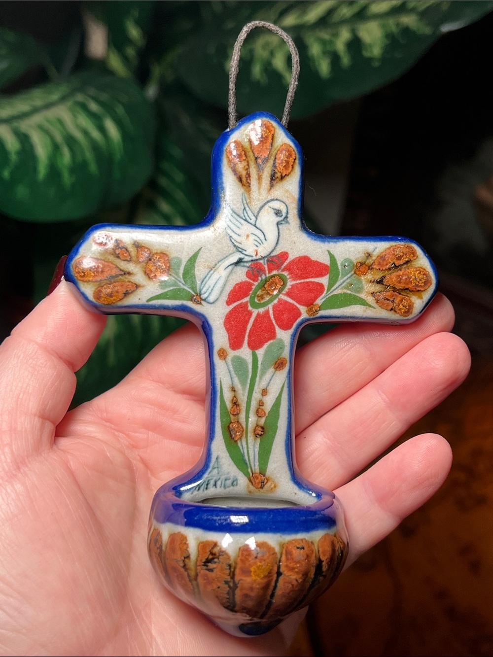 Tonala Mexican Art Pottery Cross Holy Water Font Wall Pocket Bird Floral